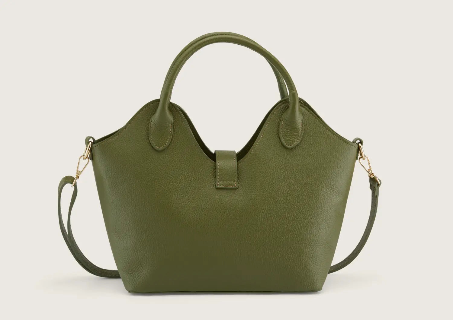 Back view of the army green leather handbag featuring clean stitching and smooth leather finish.