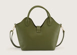 Back view of the army green leather handbag featuring clean stitching and smooth leather finish.