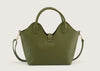Back view of the army green leather handbag featuring clean stitching and smooth leather finish.