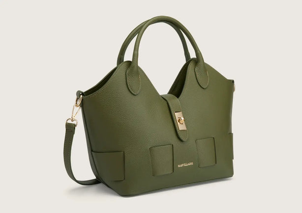 Stylish army green leather handbag with top handles and a structured, modern design.