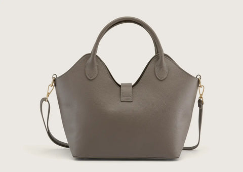 Back view of the grey leather handbag showcasing smooth leather texture and subtle stitching details.