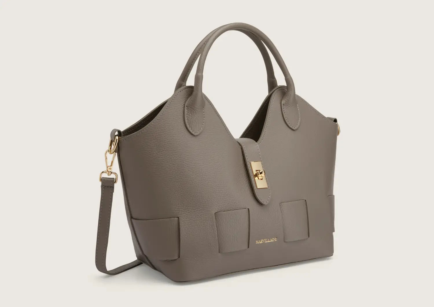 Elegant grey leather handbag with top handles and a structured silhouette.