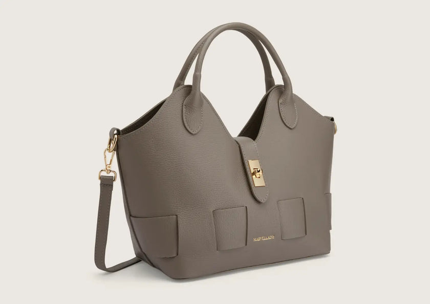 Elegant grey leather handbag with top handles and a structured silhouette.