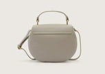 Rear view of a grey leather shoulder bag showcasing the back panel and stitching details.