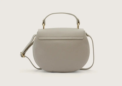 Rear view of a grey leather shoulder bag showcasing the back panel and stitching details.