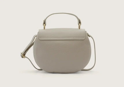Rear view of a grey leather shoulder bag showcasing the back panel and stitching details.