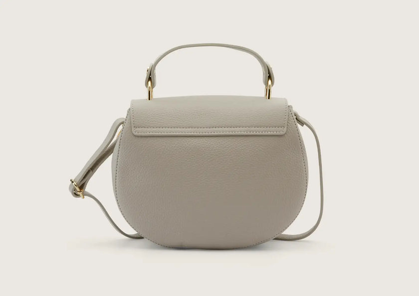 Rear view of a grey leather shoulder bag showcasing the back panel and stitching details.