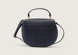 Back view of a navy blue leather shoulder bag featuring clean stitching and smooth finish.