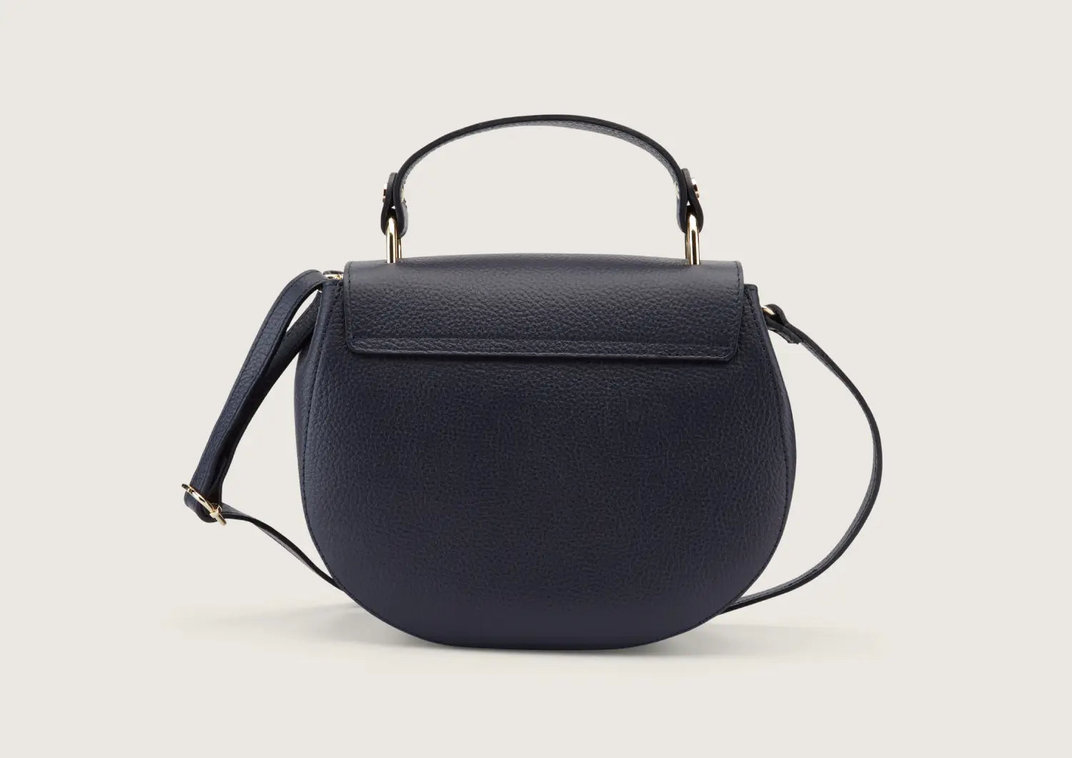 Back view of a navy blue leather shoulder bag featuring clean stitching and smooth finish.