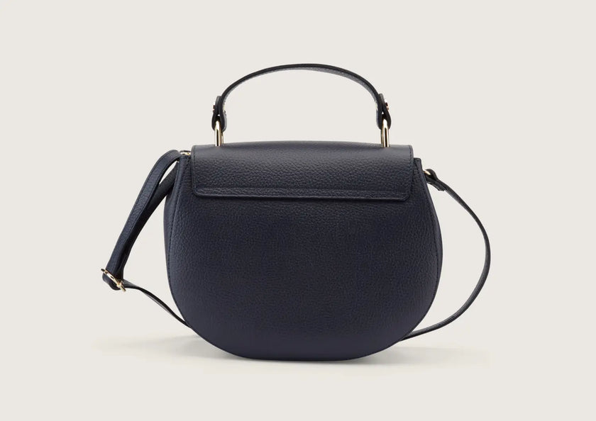 Back view of a navy blue leather shoulder bag featuring clean stitching and smooth finish.