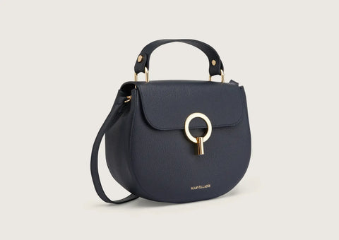 Stylish navy blue leather shoulder bag with adjustable strap and sleek minimalist design.